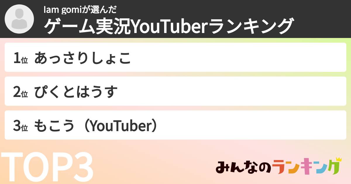 Iam gomiさんの「ゲーム実況YouTuberランキング」