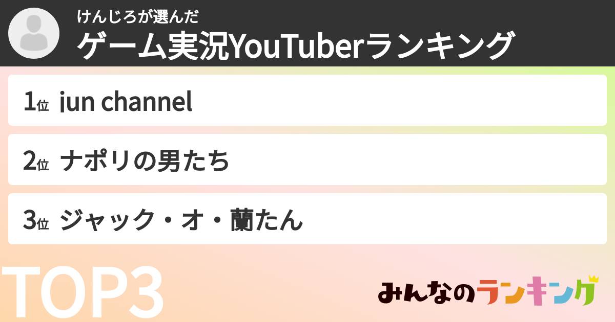 けんじろさんの「ゲーム実況YouTuberランキング」