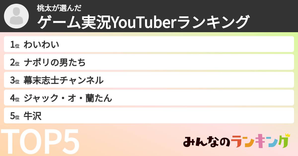 桃太さんの「ゲーム実況YouTuberランキング」