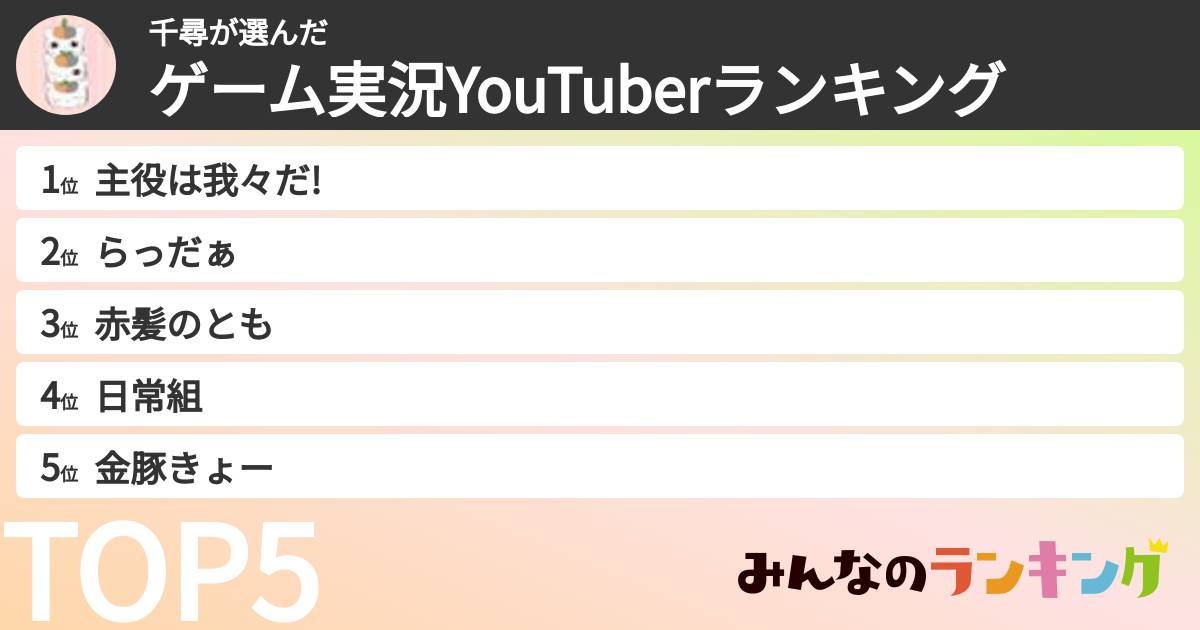 千尋さんの「ゲーム実況YouTuberランキング」