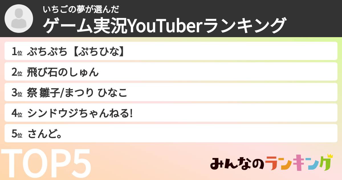 いちごの夢さんの「ゲーム実況YouTuberランキング」