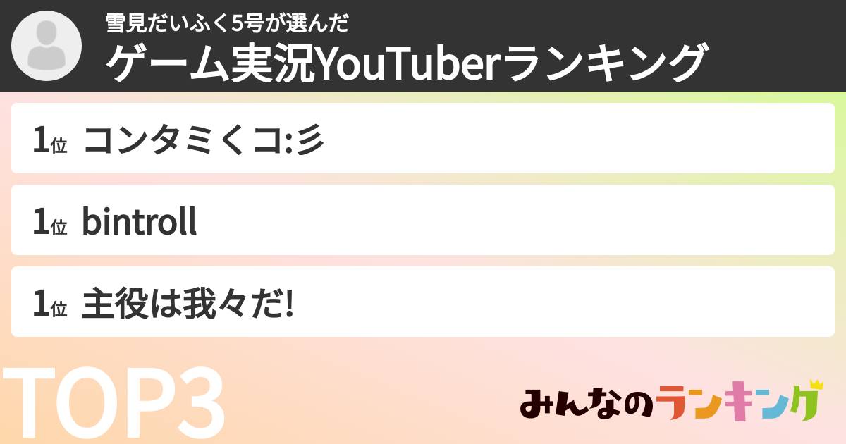 雪見だいふく5号さんの「ゲーム実況YouTuberランキング」