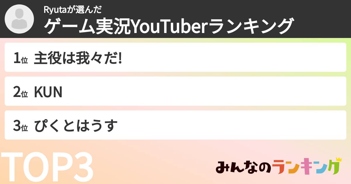 Ryutaさんの「ゲーム実況YouTuberランキング」