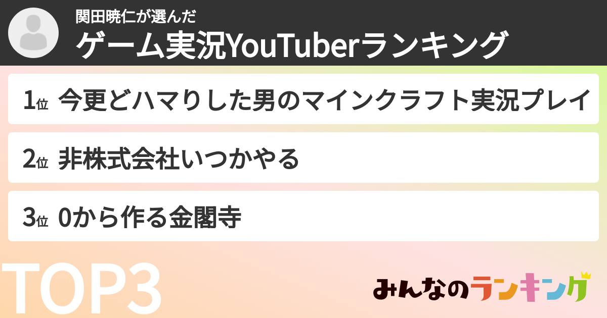関田暁仁さんの「ゲーム実況YouTuberランキング」