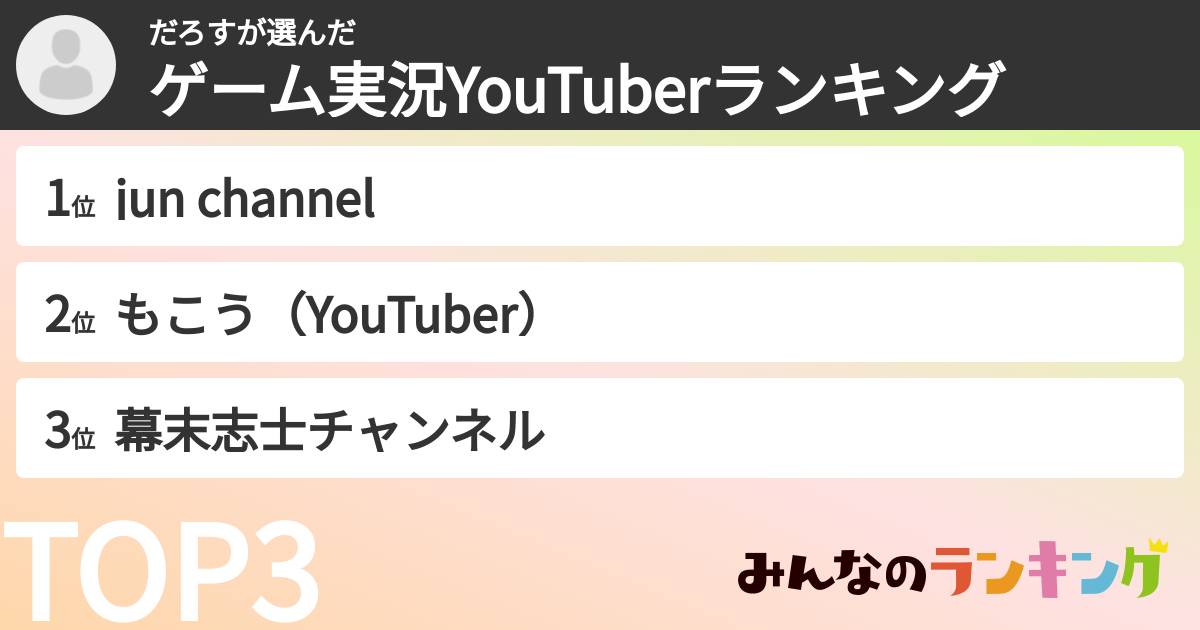 だろすさんの「ゲーム実況YouTuberランキング」