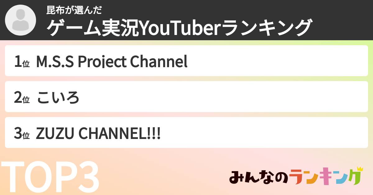 昆布さんの「ゲーム実況YouTuberランキング」