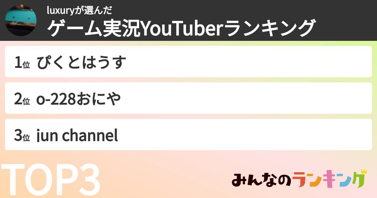 luxuryさんの「ゲーム実況YouTuberランキング」