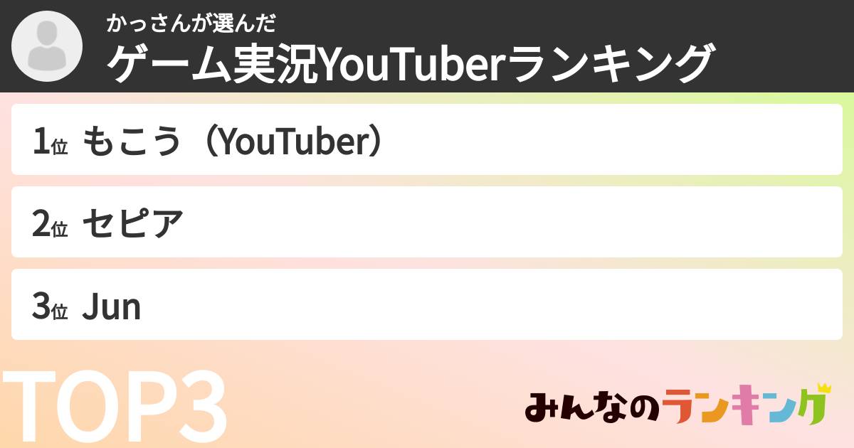 かっさんさんの「ゲーム実況YouTuberランキング」