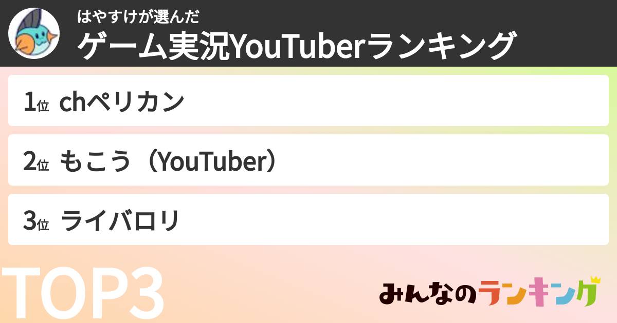 はやすけさんの「ゲーム実況YouTuberランキング」