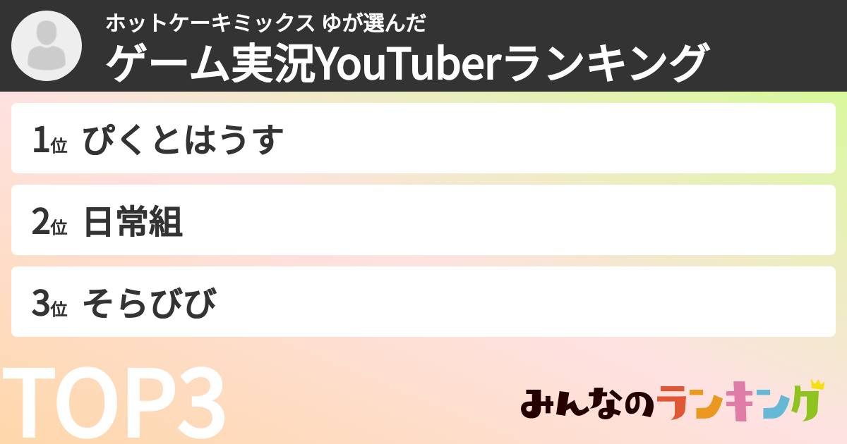 ホットケーキミックス ゆさんの「ゲーム実況YouTuberランキング」
