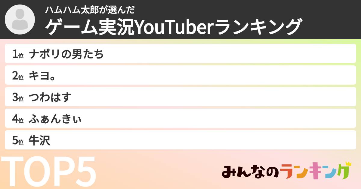 ハムハム太郎さんの「ゲーム実況YouTuberランキング」