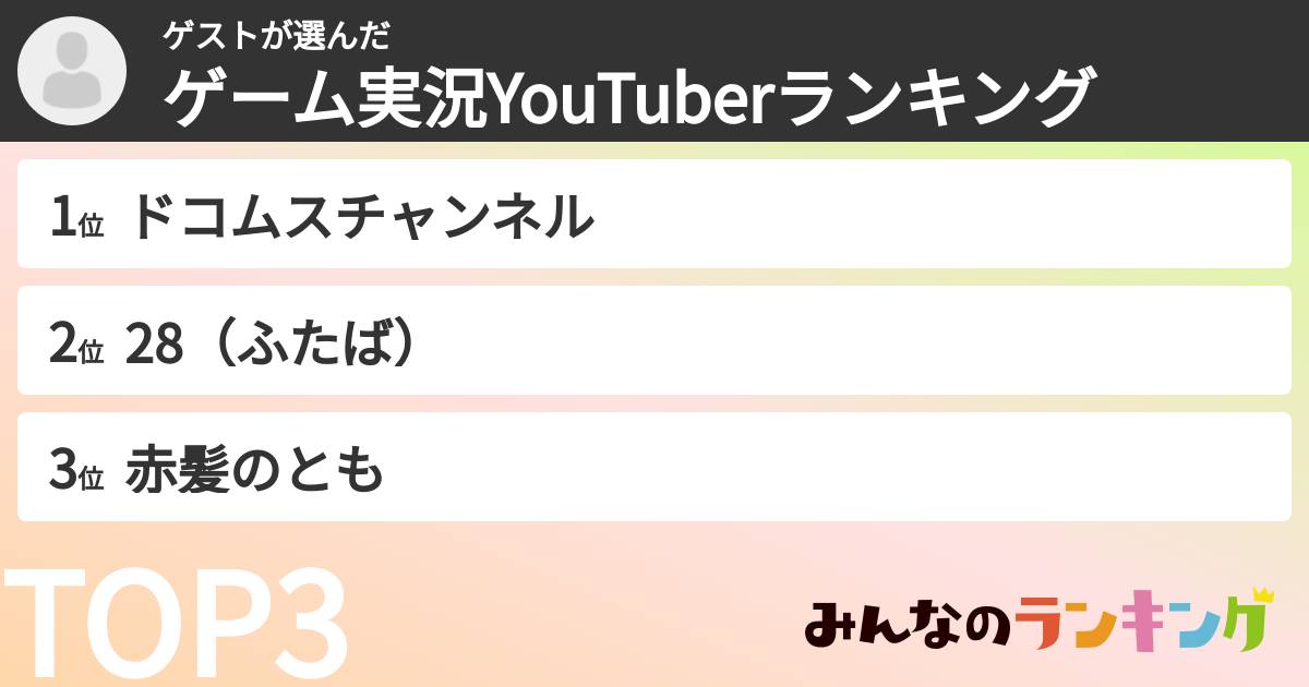 ゲストさんの「ゲーム実況YouTuberランキング」