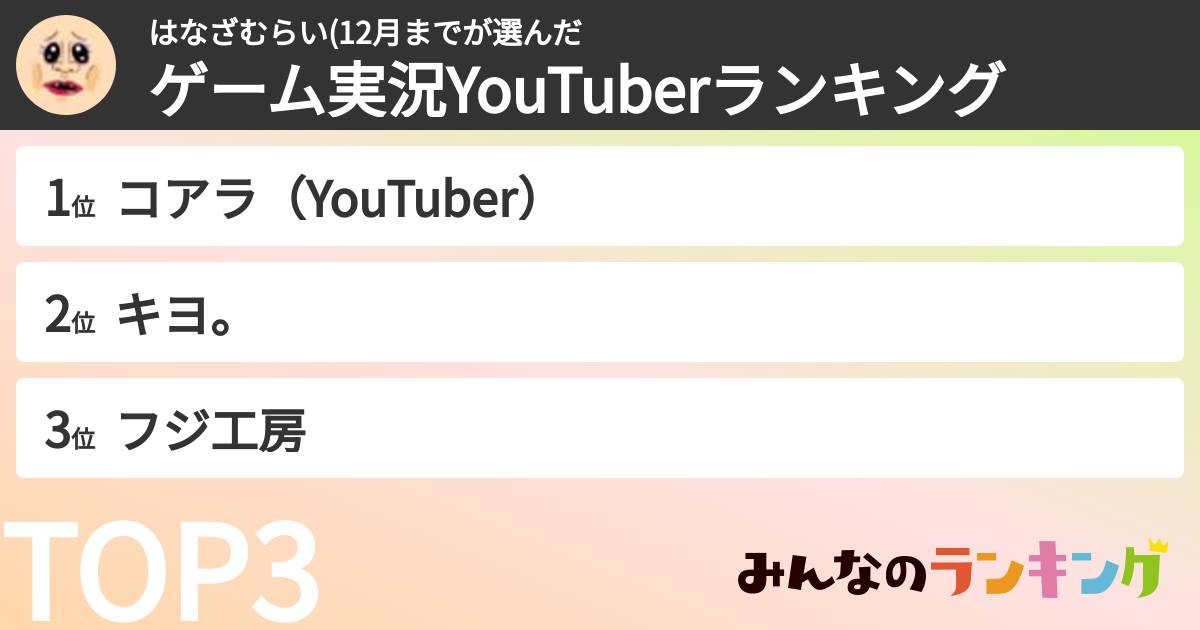 はなざむらい(12月までさんの「ゲーム実況YouTuberランキング」