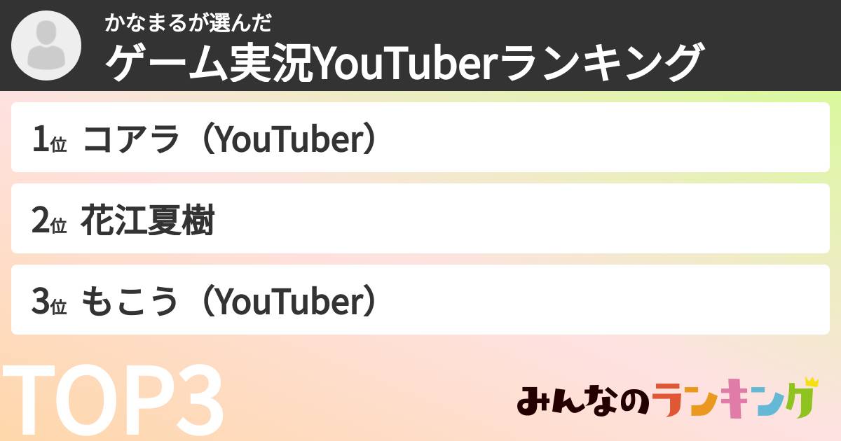 かなまるさんの「ゲーム実況YouTuberランキング」