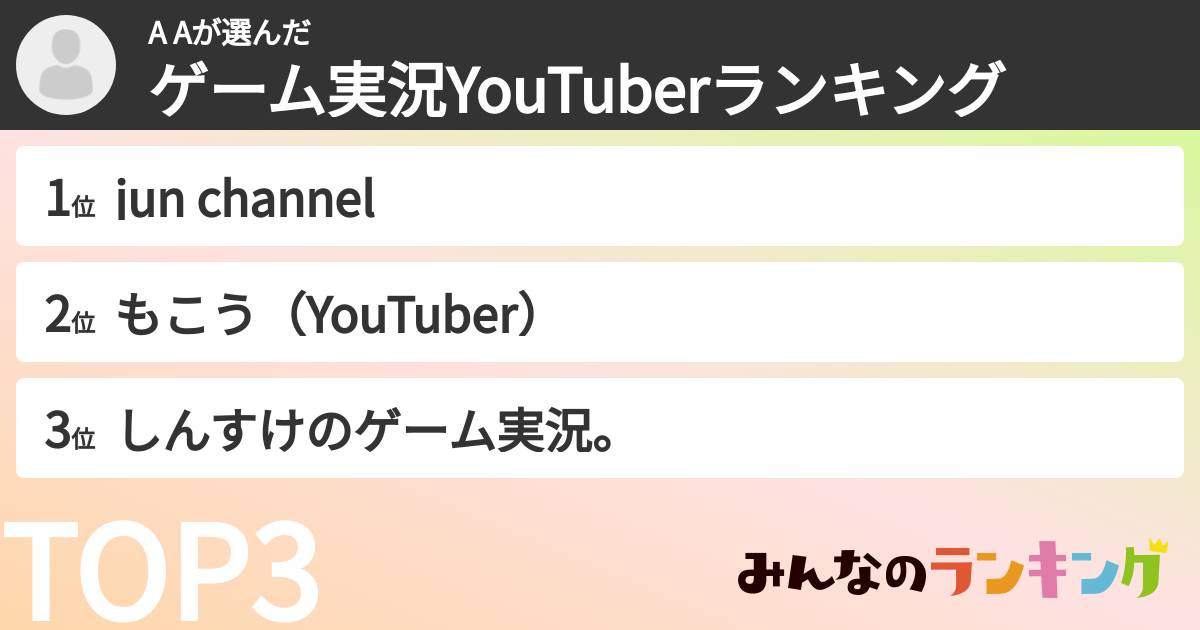 A Aさんの「ゲーム実況YouTuberランキング」