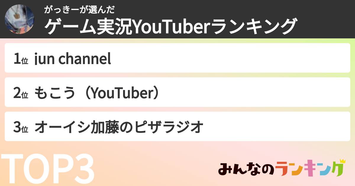 がっきーさんの「ゲーム実況YouTuberランキング」