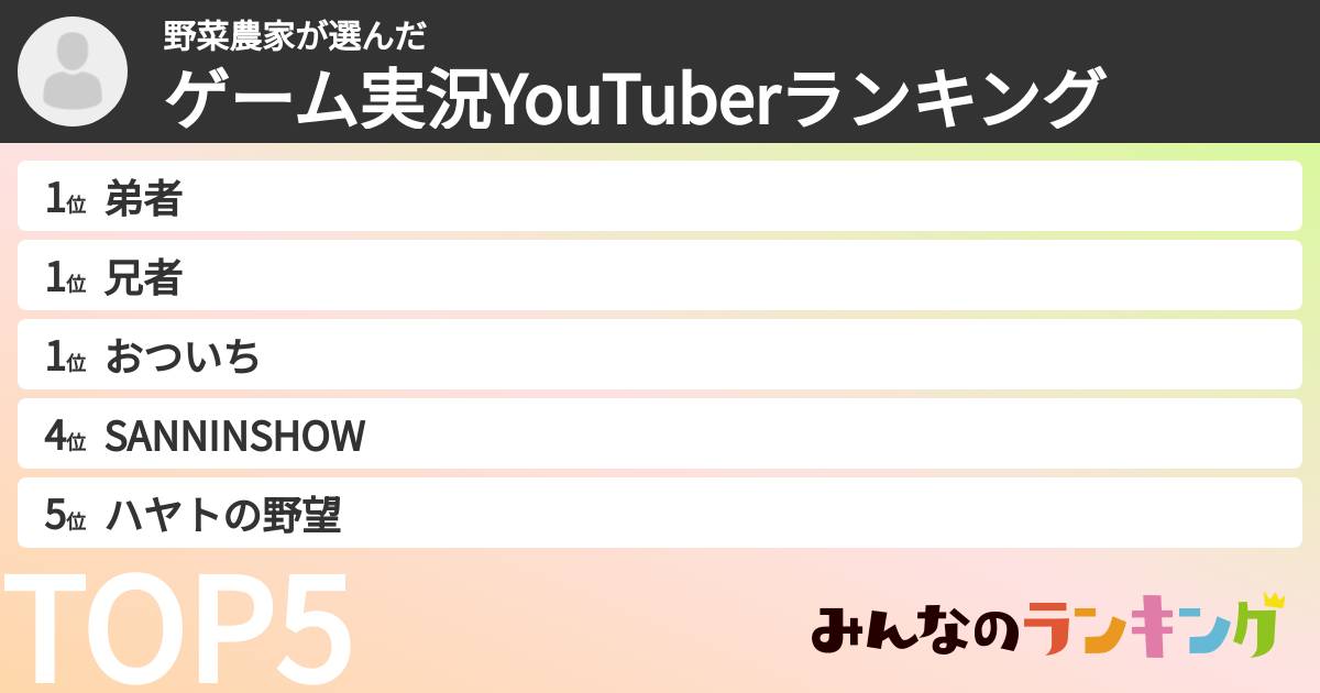 野菜農家さんの「ゲーム実況YouTuberランキング」