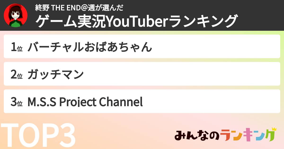 終野 THE END＠週さんの「ゲーム実況YouTuberランキング」