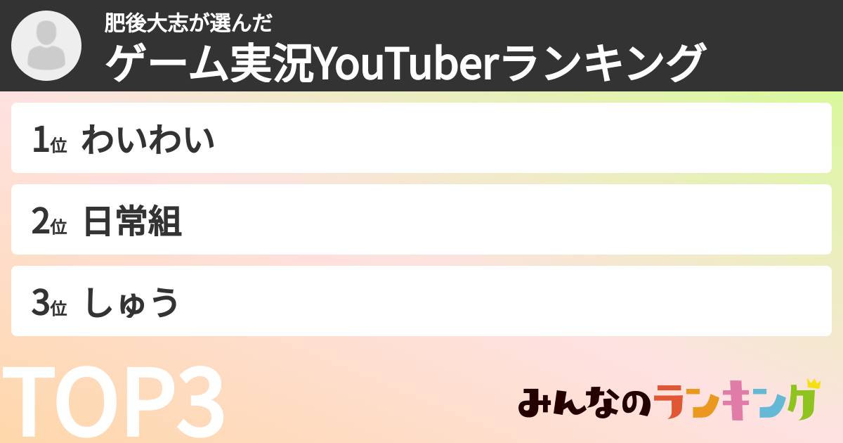 肥後大志さんの「ゲーム実況YouTuberランキング」