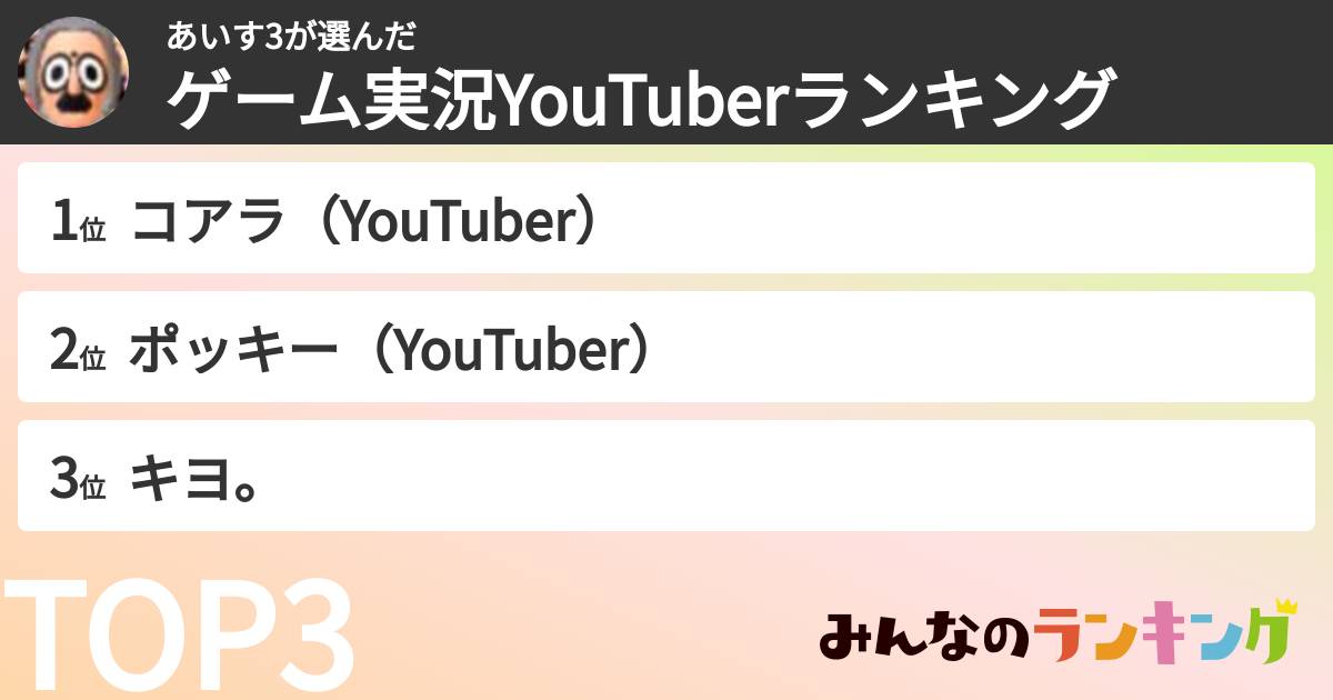 あいす3さんの「ゲーム実況YouTuberランキング」