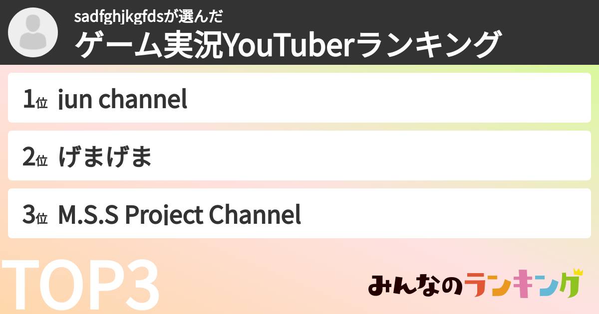 sadfghjkgfdsさんの「ゲーム実況YouTuberランキング」