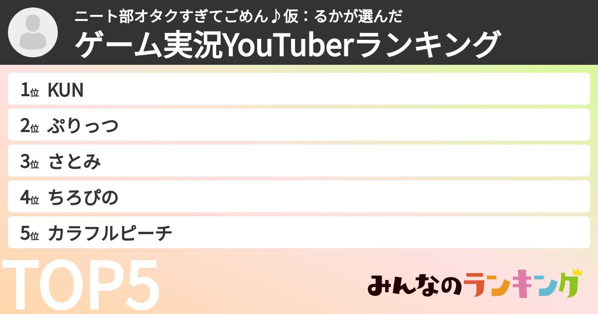 ニート部オタクすぎてごめん♪仮：るかさんの「ゲーム実況YouTuberランキング」
