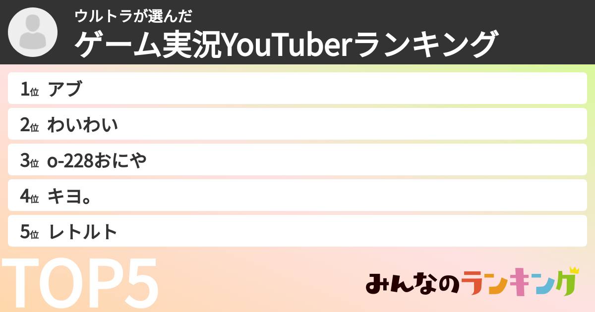ウルトラさんの「ゲーム実況YouTuberランキング」