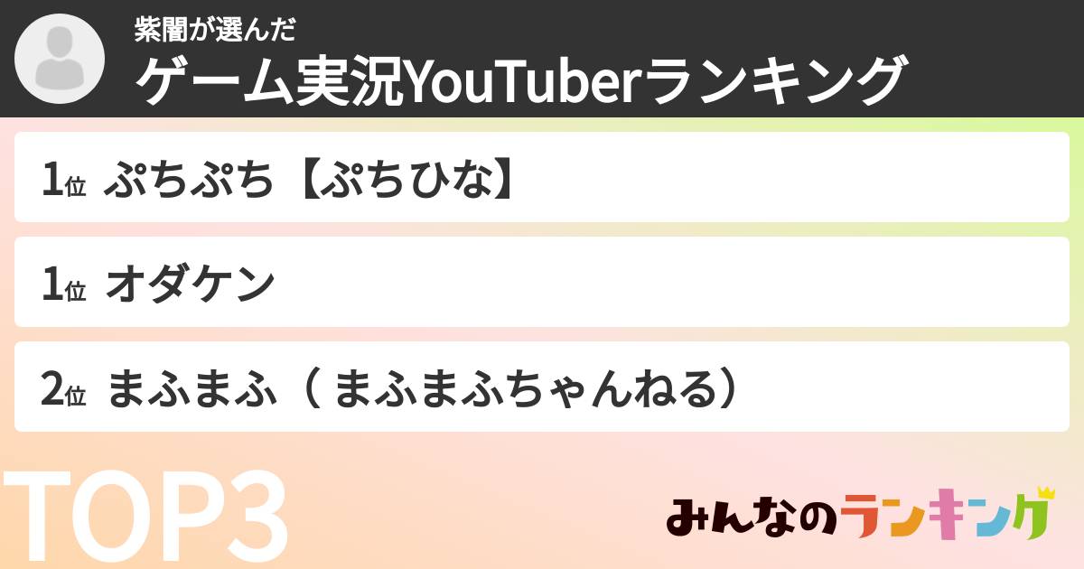 紫闇さんの「ゲーム実況YouTuberランキング」