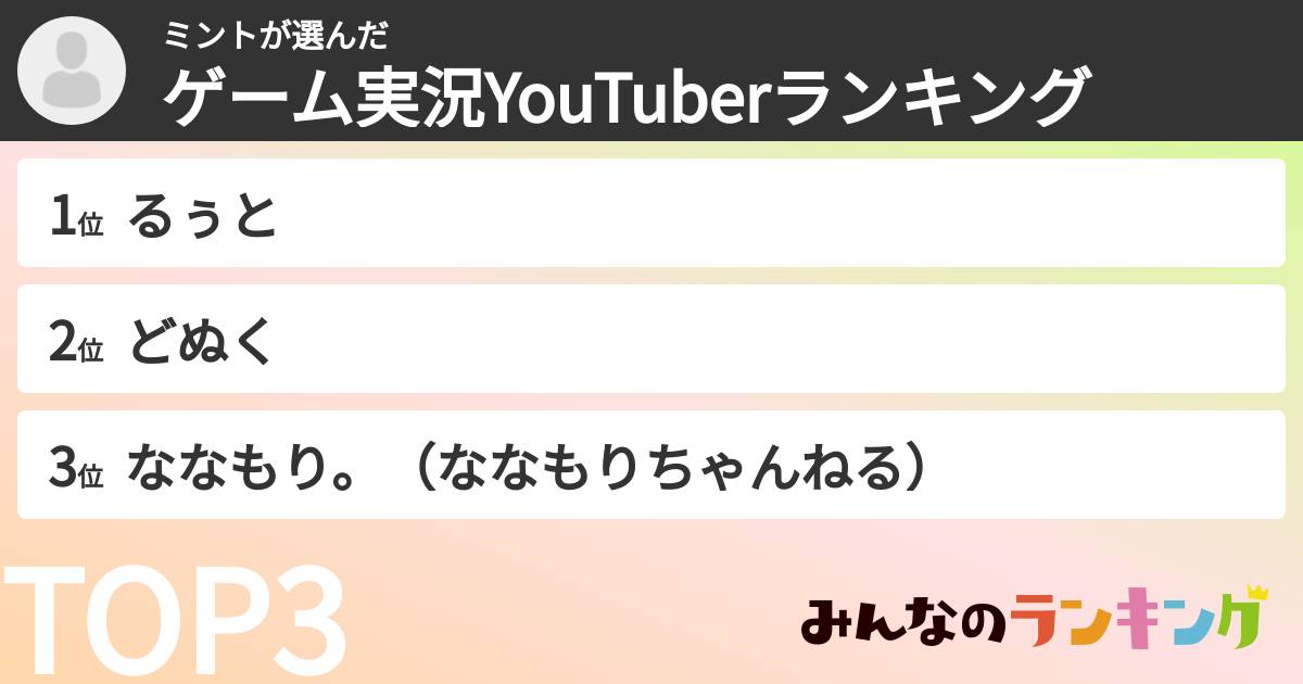 ミントさんの「ゲーム実況YouTuberランキング」