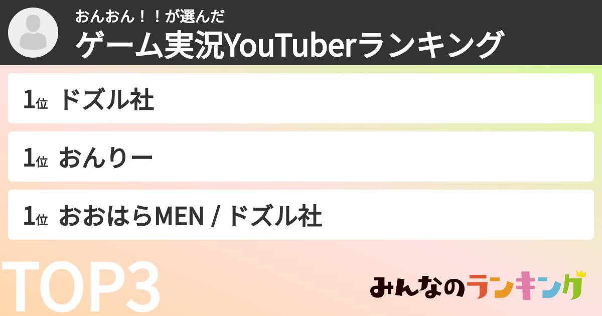 おんおん!!さんの「ゲーム実況YouTuberランキング」