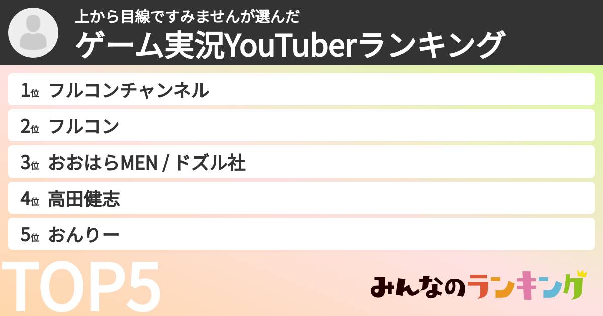 上から目線ですみませんさんの「ゲーム実況YouTuberランキング」
