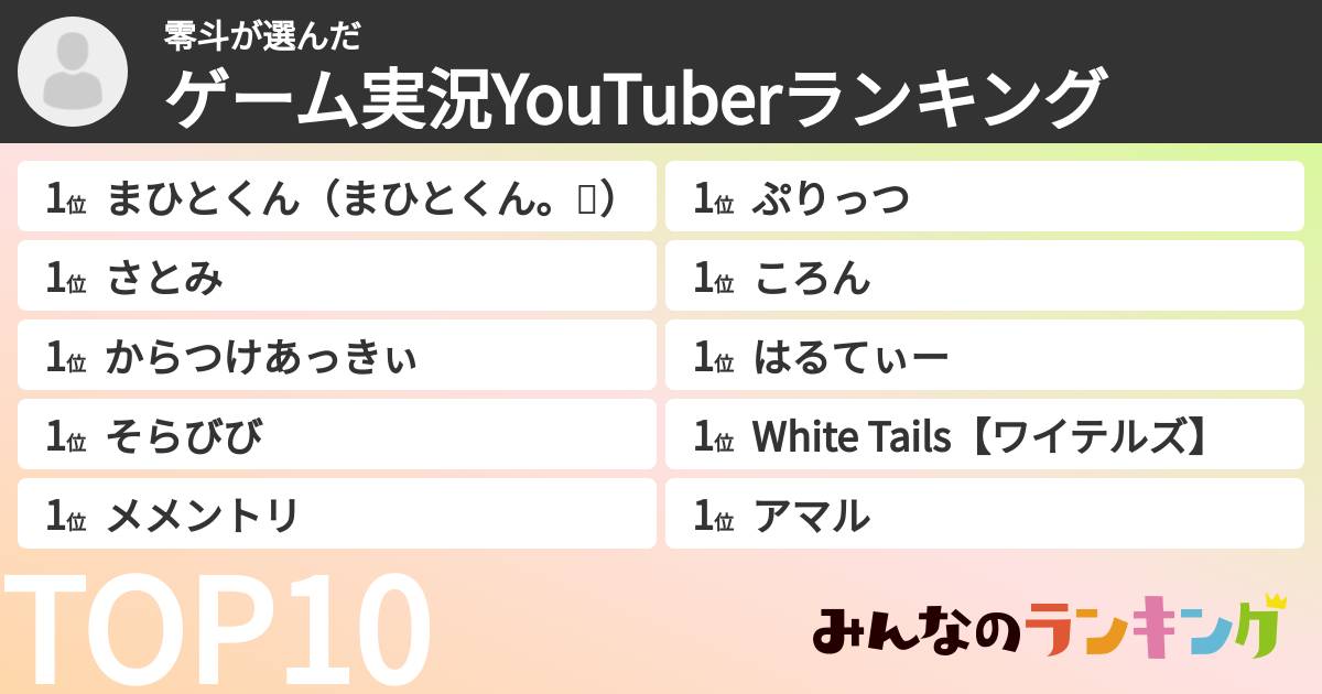零斗さんの「ゲーム実況YouTuberランキング」