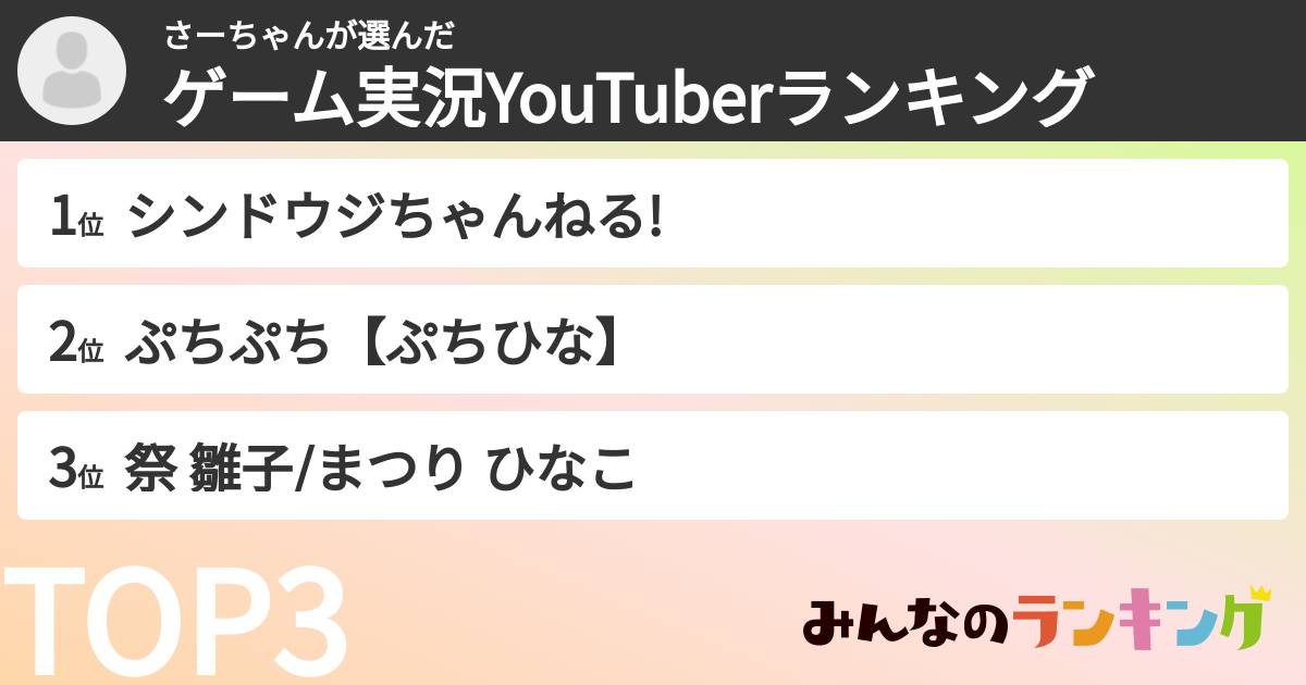 さーちゃんさんの「ゲーム実況YouTuberランキング」