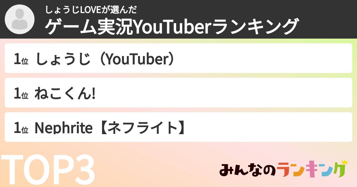 しょうじLOVEさんの「ゲーム実況YouTuberランキング」