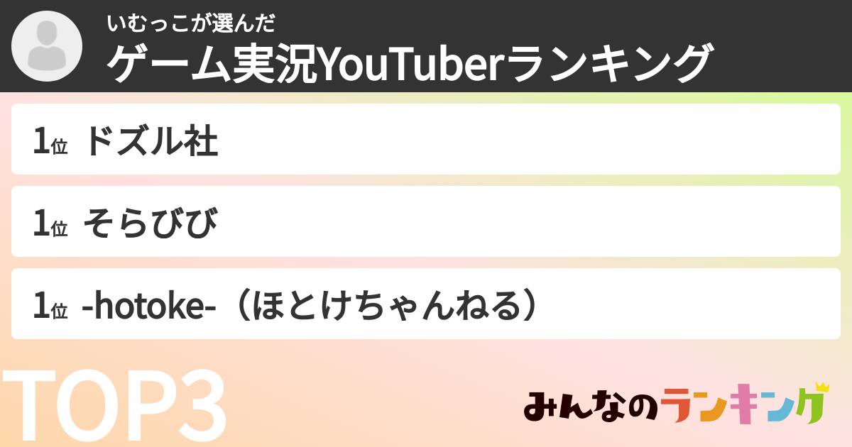 いむっこさんの「ゲーム実況YouTuberランキング」
