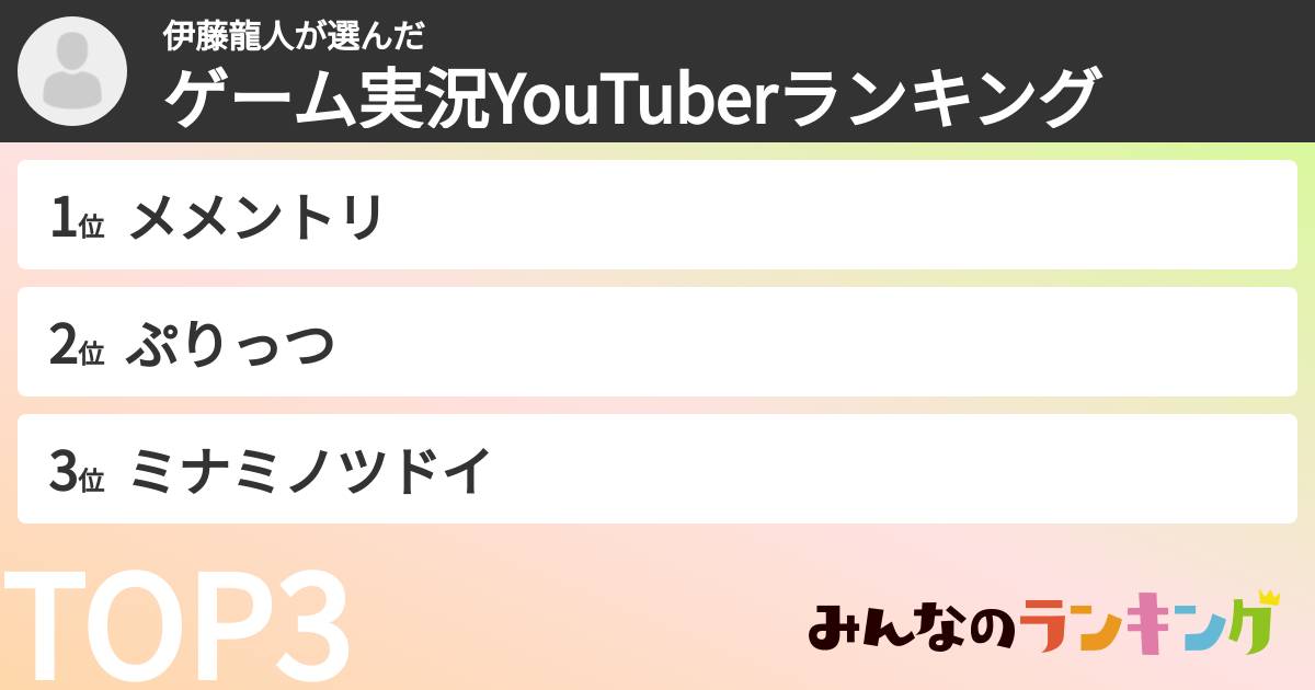 伊藤龍人さんの「ゲーム実況YouTuberランキング」