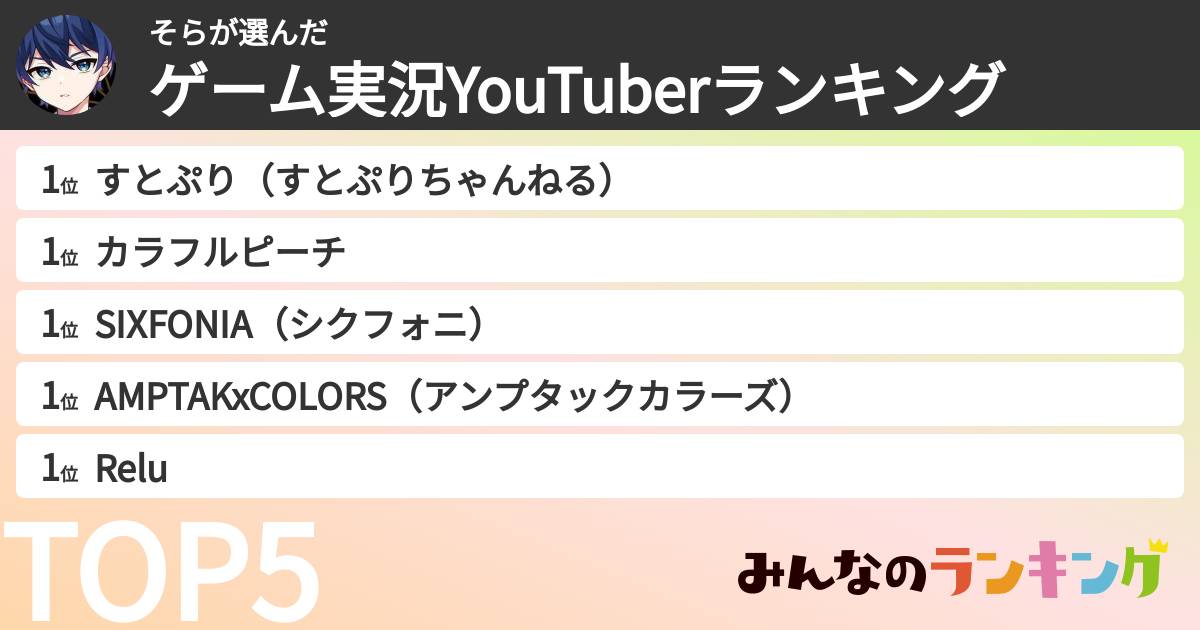 そらさんの「ゲーム実況YouTuberランキング」