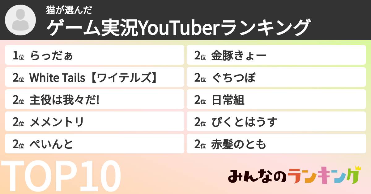 猫さんの「ゲーム実況YouTuberランキング」