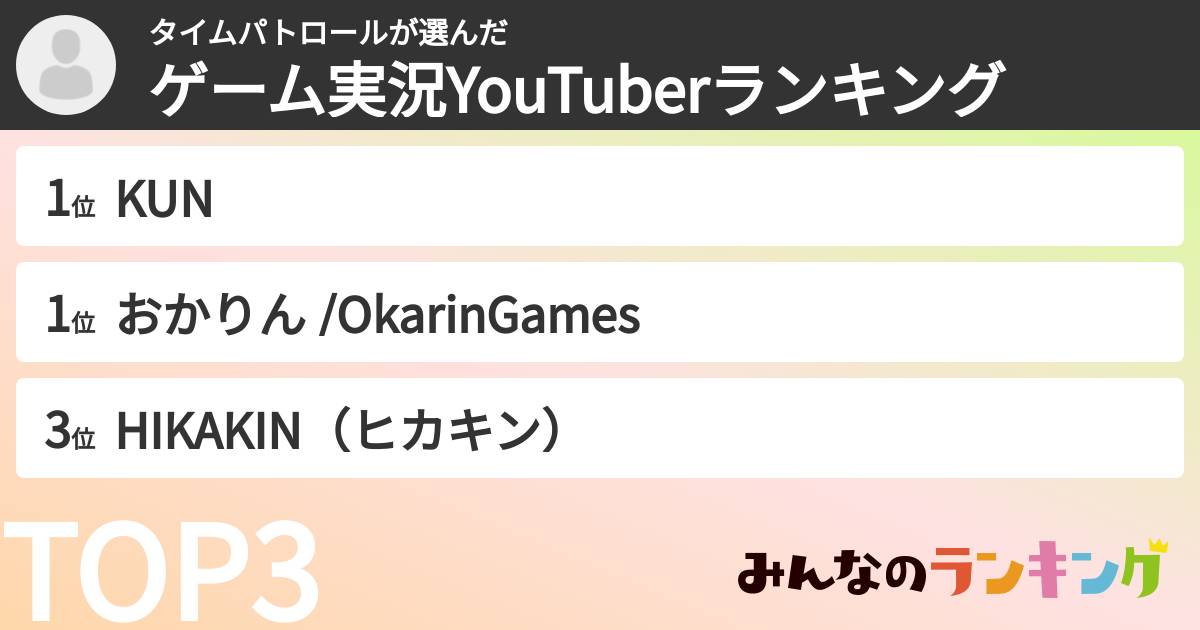 タイムパトロールさんの「ゲーム実況YouTuberランキング」