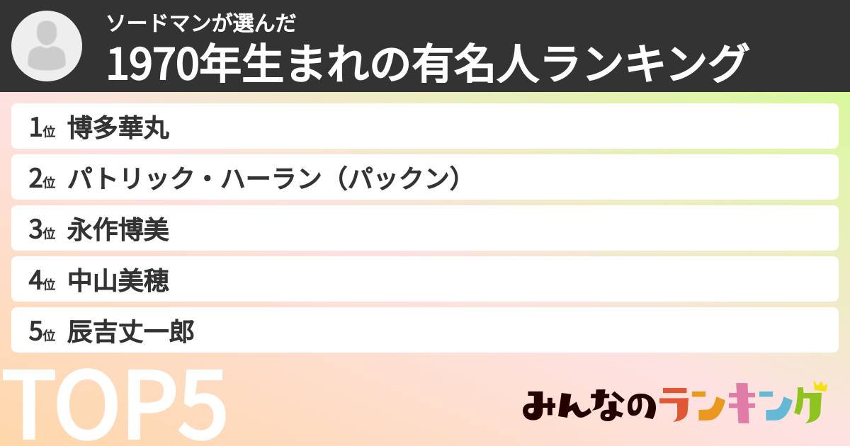 ソードマンさんの「1970年生まれの有名人ランキング」