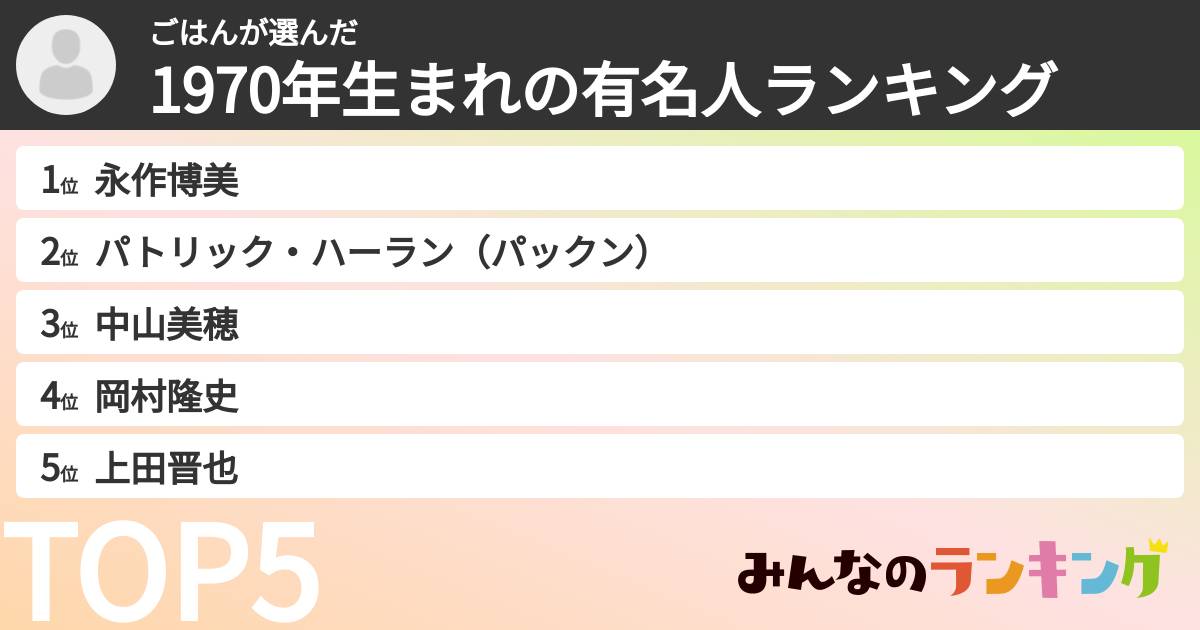 ごはんさんの「1970年生まれの有名人ランキング」
