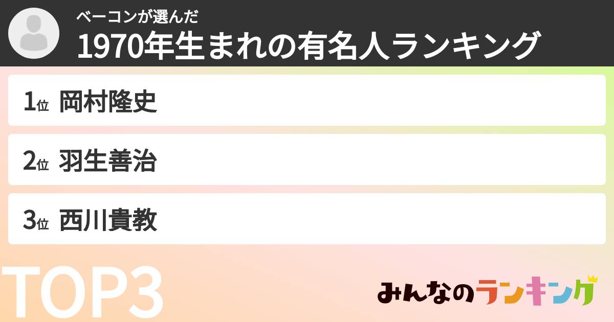 ベーコンさんの「1970年生まれの有名人ランキング」