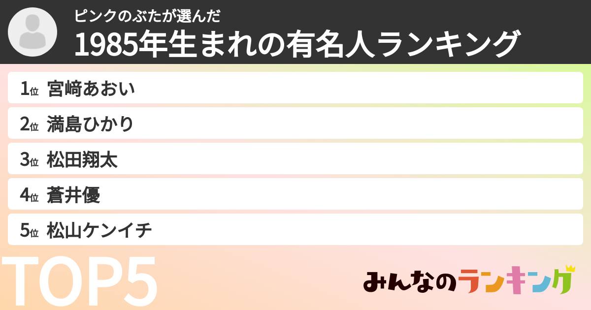 ピンクのぶたさんの「1985年生まれの有名人ランキング」
