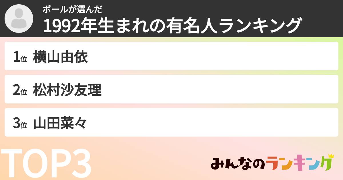 ポールさんの「1992年生まれの有名人ランキング」
