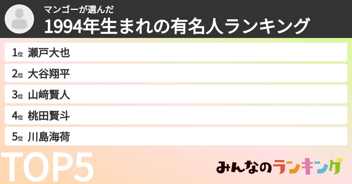 マンゴーさんの「1994年生まれの有名人ランキング」