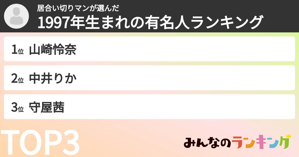 居合い切りマンさんの「1997年生まれの有名人ランキング」