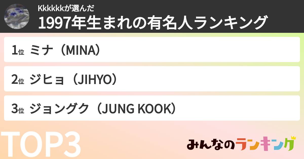Kkkkkkさんの「1997年生まれの有名人ランキング」