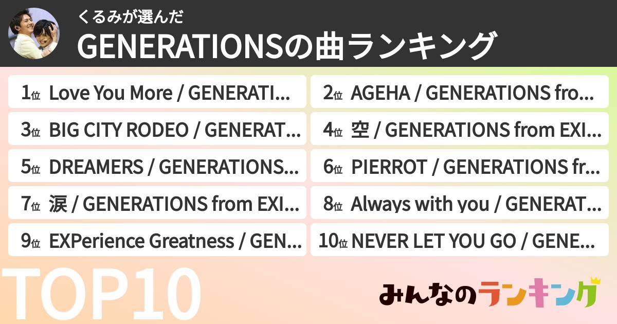 くるみさんの「GENERATIONSの曲ランキング」