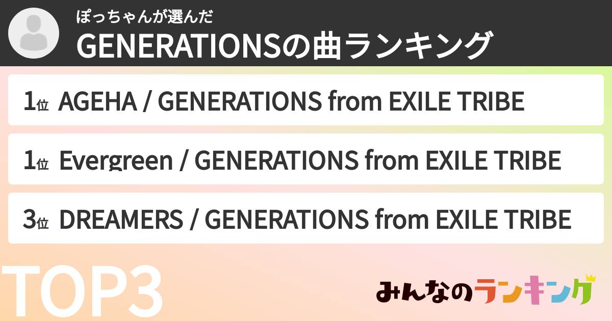 ぽっちゃんさんの「GENERATIONSの曲ランキング」