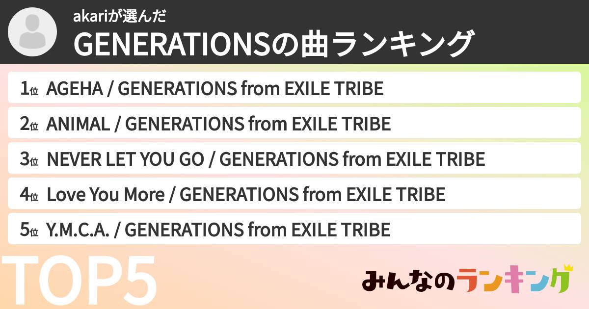 akariさんの「GENERATIONSの曲ランキング」